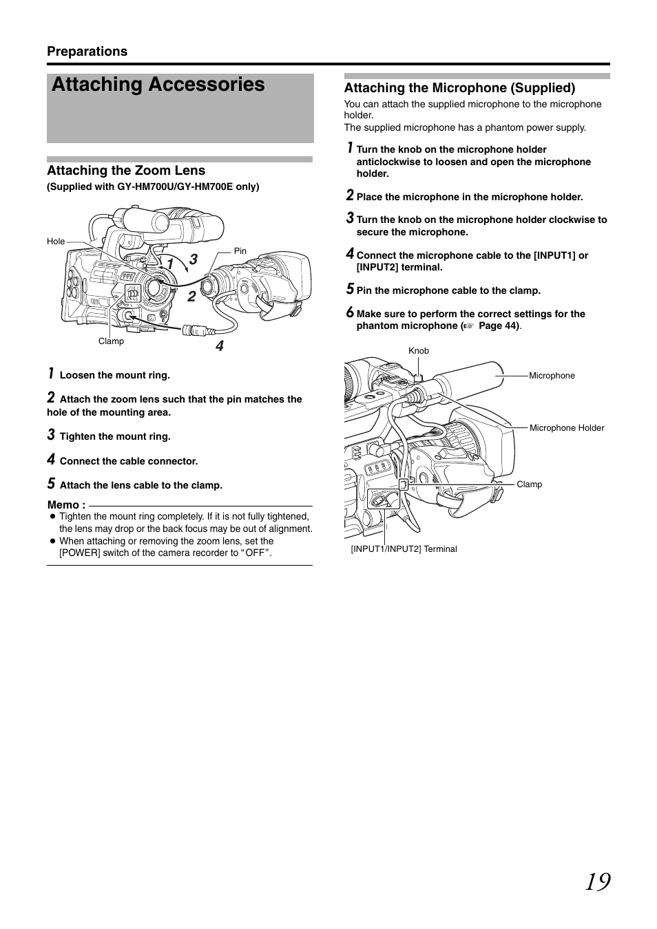 Preparations, Attaching accessories, Attaching the zoom lens | Attaching the microphone (supplied) | JVC GY-HM700U User Manual | Page 23 / 128