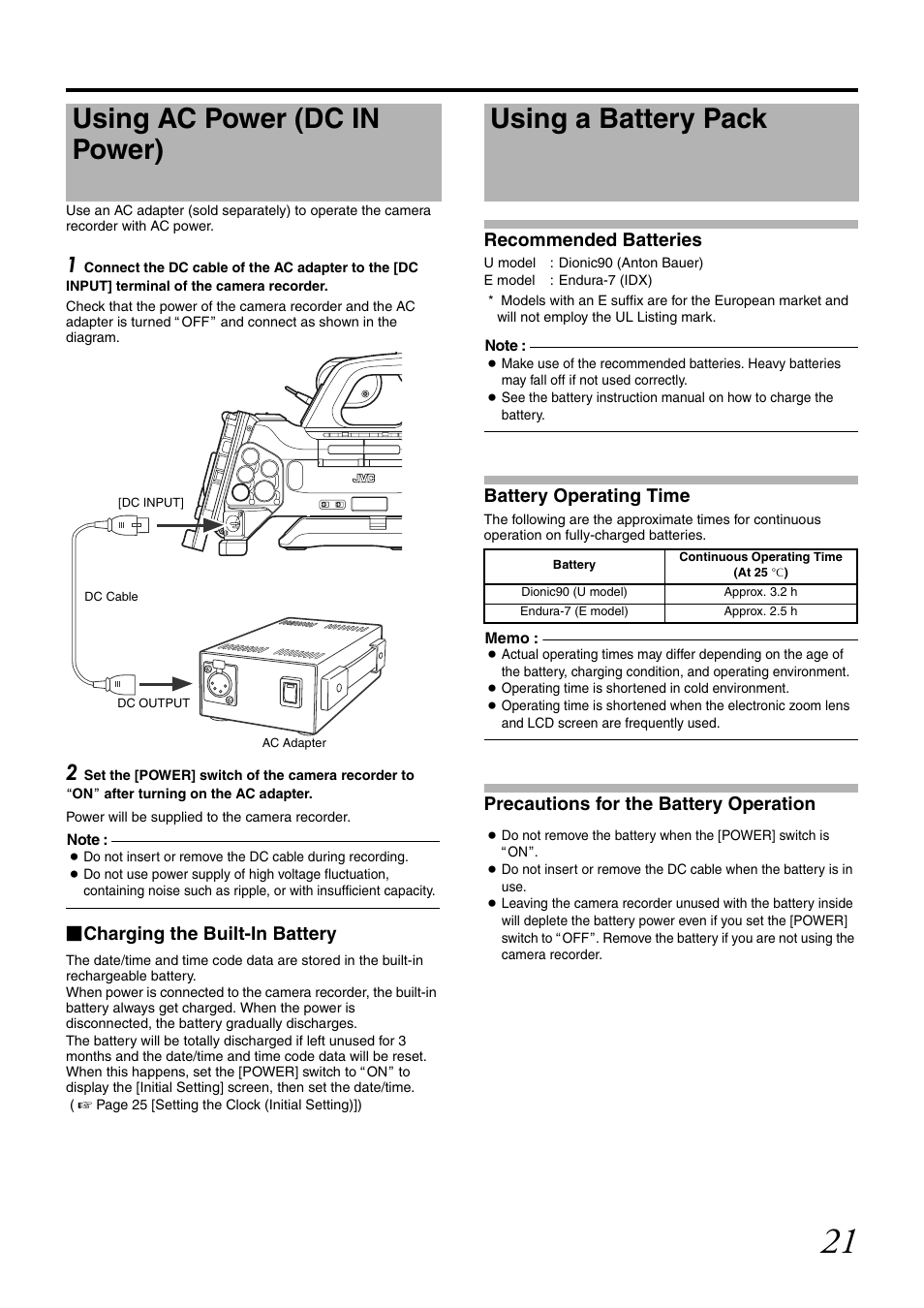 Using ac power (dc in power), Using a battery pack, Charging the built-in battery | Recommended batteries, Battery operating time, Precautions for the battery operation | JVC GY-HM700U User Manual | Page 25 / 128