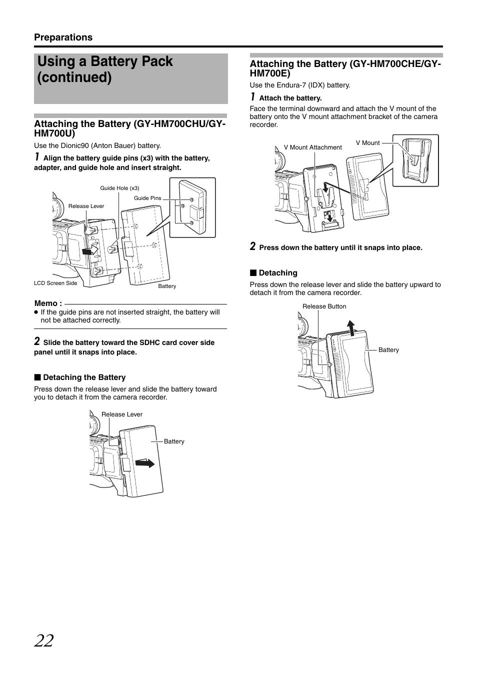 Using a battery pack (continued) | JVC GY-HM700U User Manual | Page 26 / 128