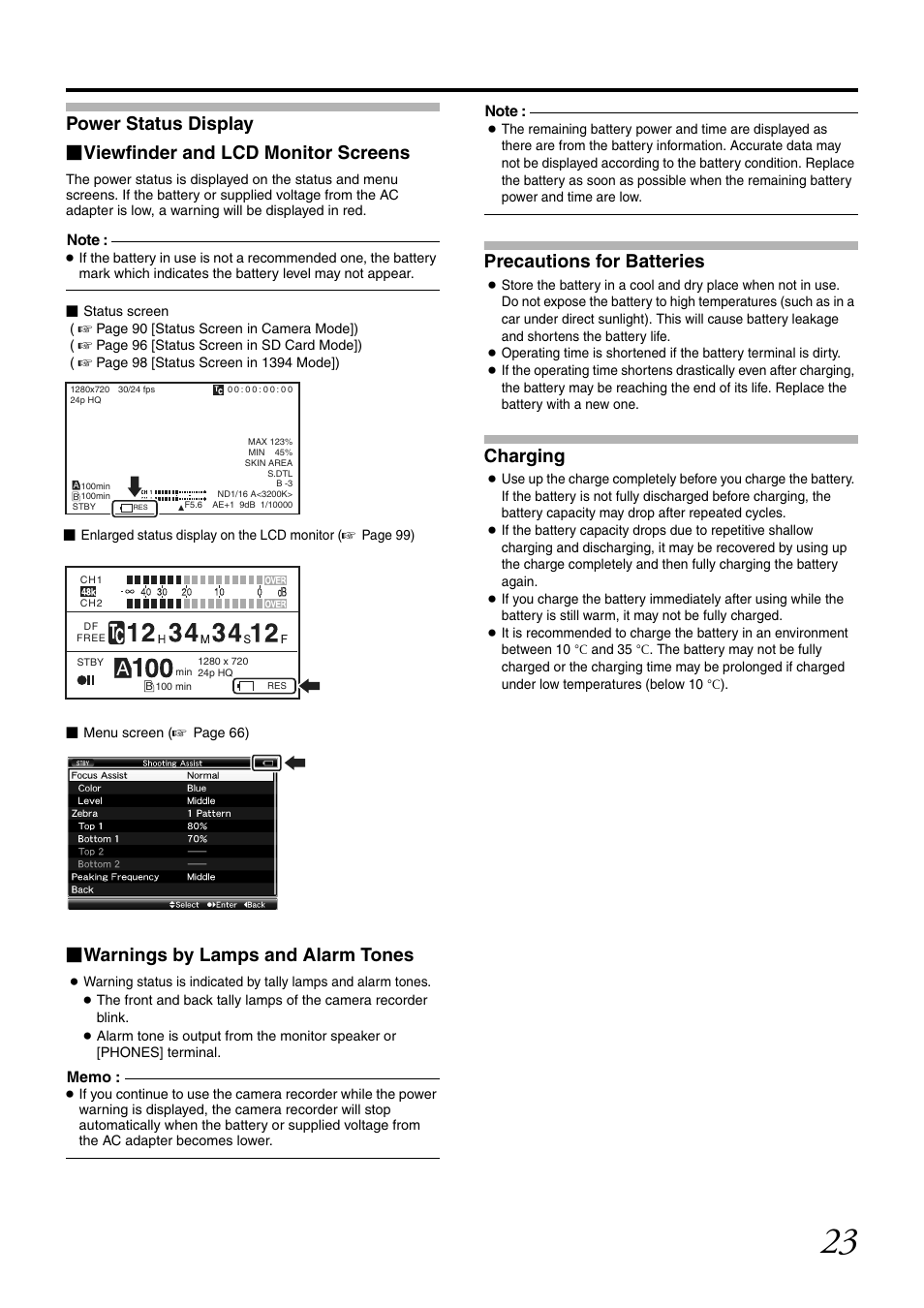 Warnings by lamps and alarm tones, Precautions for batteries, Charging | JVC GY-HM700U User Manual | Page 27 / 128