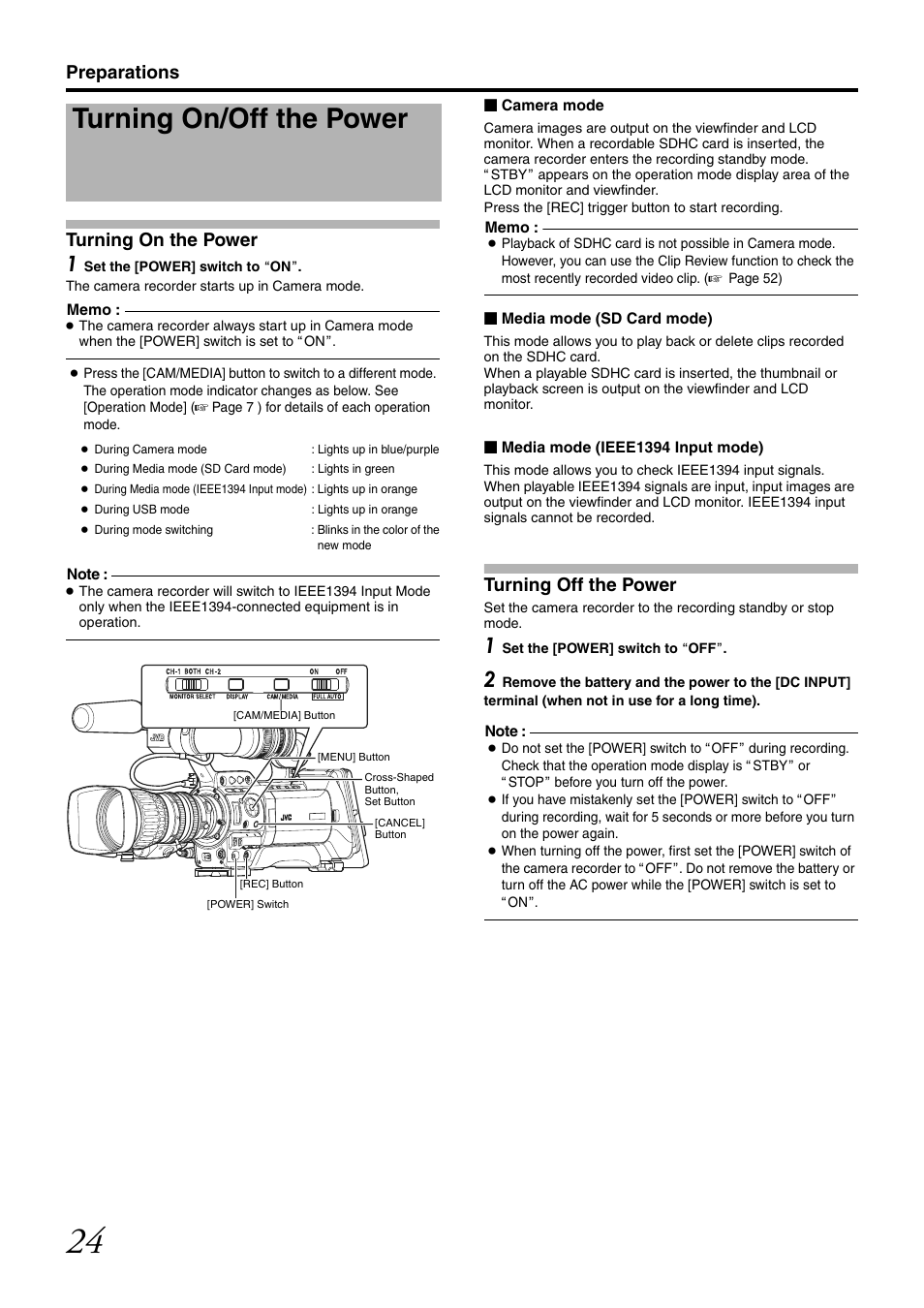 Turning on/off the power, Preparations turning on the power, Turning off the power | JVC GY-HM700U User Manual | Page 28 / 128