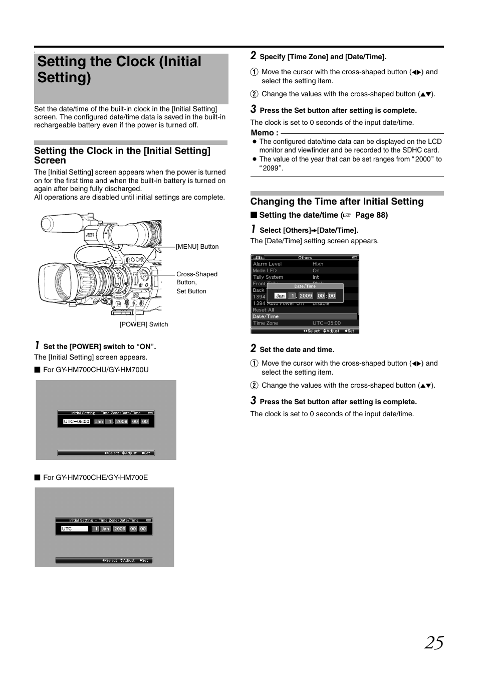 Setting the clock (initial setting), Setting the clock in the [initial setting] screen, Changing the time after initial setting | JVC GY-HM700U User Manual | Page 29 / 128