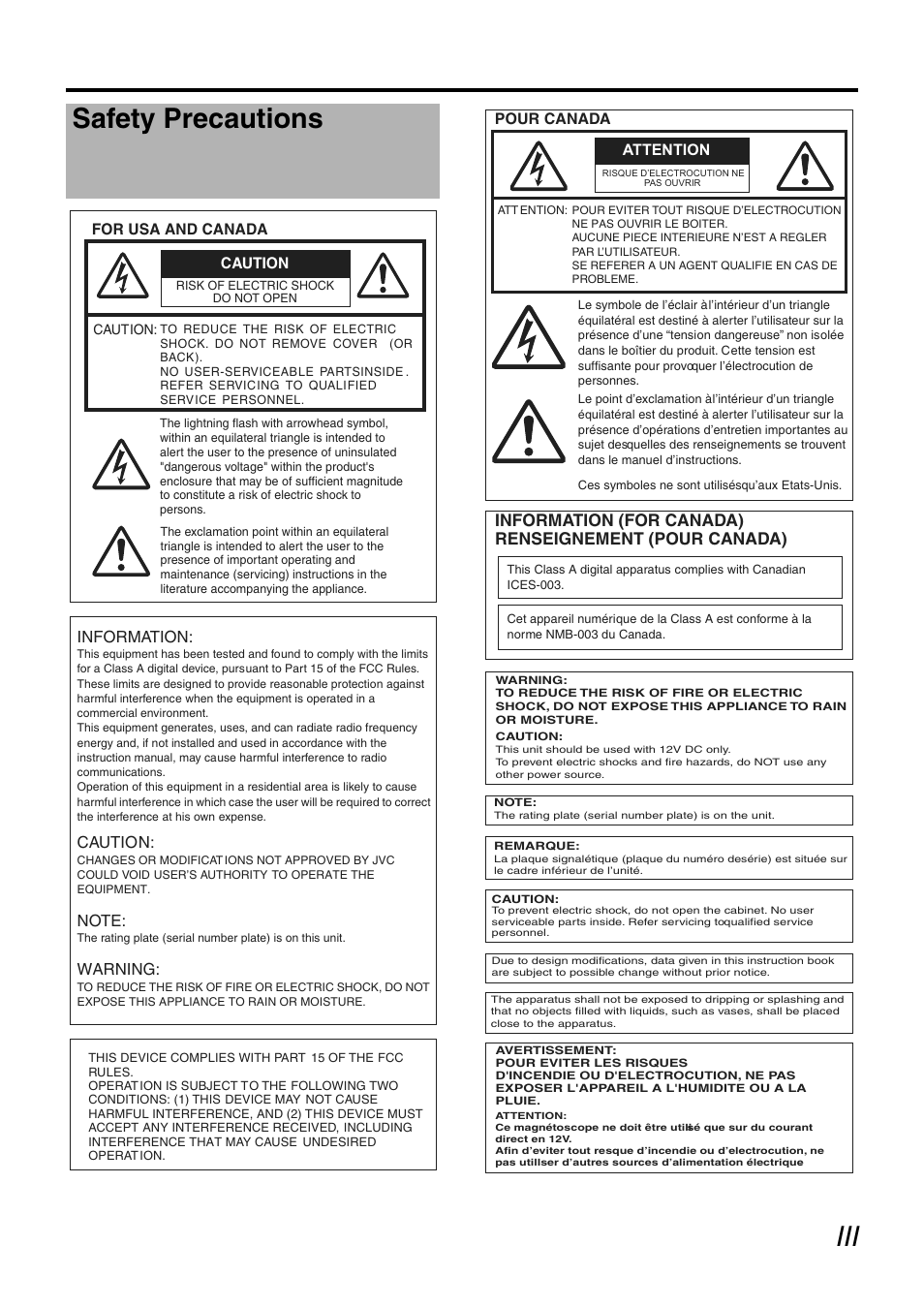 Iii safety precautions | JVC GY-HM700U User Manual | Page 3 / 128