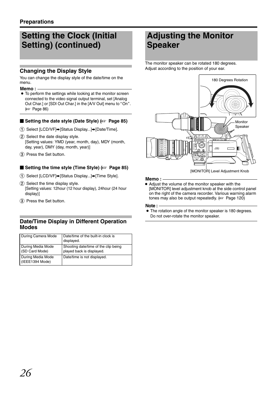 Adjusting the monitor speaker, Setting the clock (initial setting) (continued), Preparations changing the display style | Date/time display in different operation modes | JVC GY-HM700U User Manual | Page 30 / 128