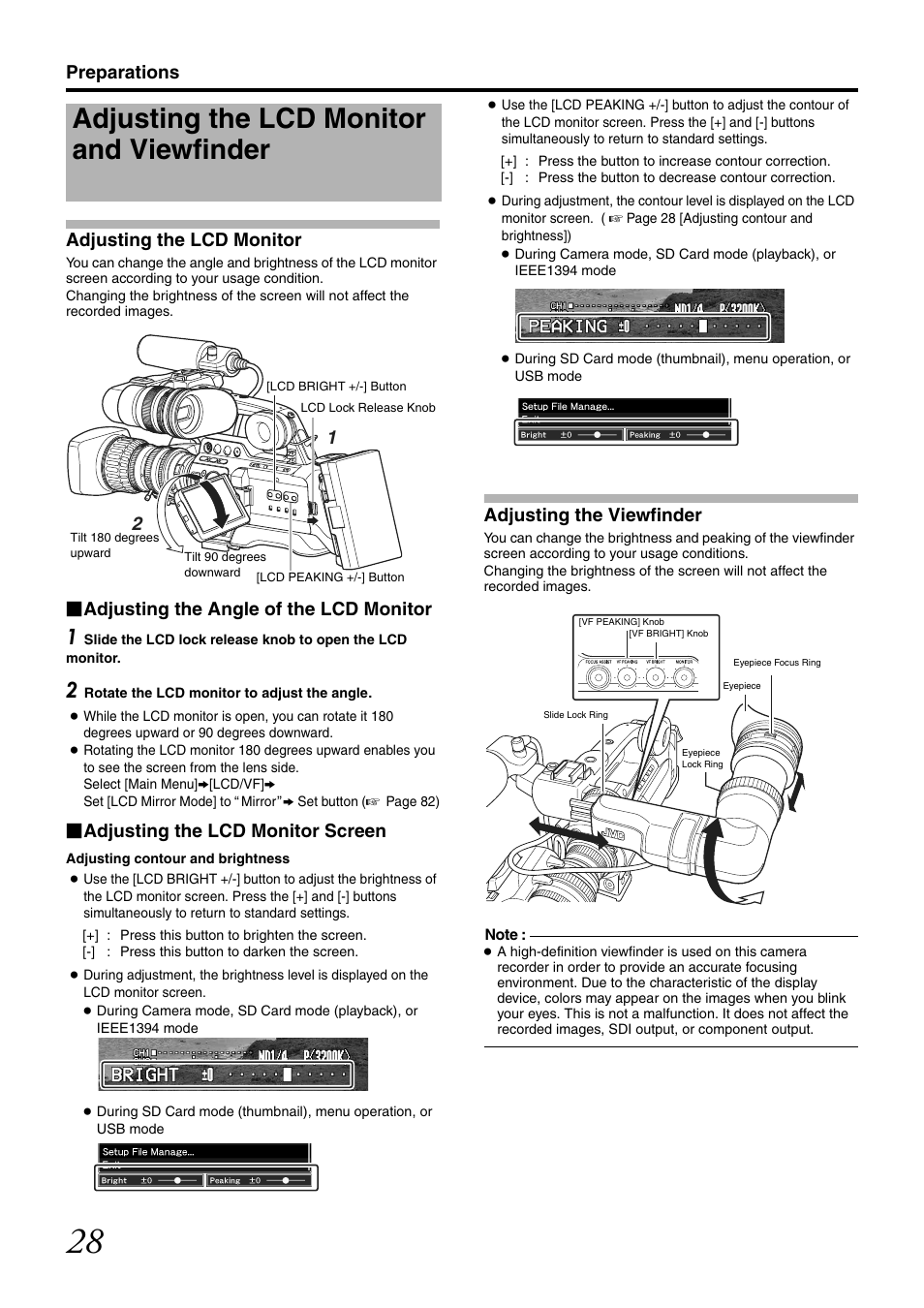 Adjusting the lcd monitor and viewfinder, Lcd monitor, Adjustment button | Release knob, Preparations adjusting the lcd monitor, Adjusting the angle of the lcd monitor, Adjusting the lcd monitor screen, Adjusting the viewfinder | JVC GY-HM700U User Manual | Page 32 / 128