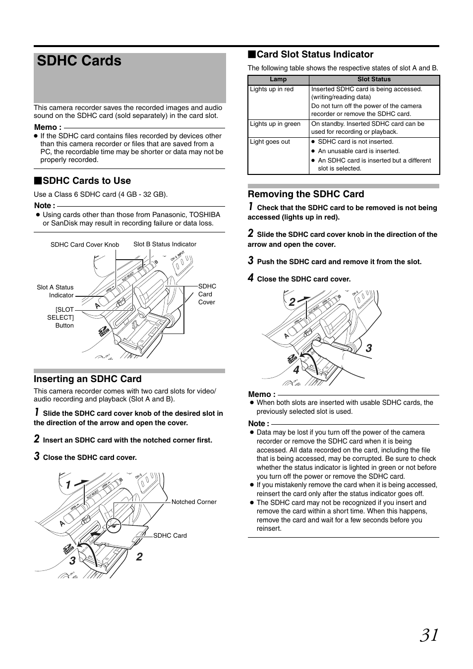 Sdhc cards | JVC GY-HM700U User Manual | Page 35 / 128