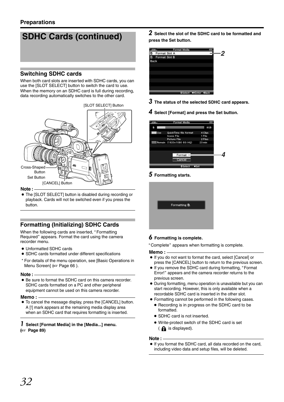 Formatting (initializing) sdhc cards, Sdhc cards (continued) | JVC GY-HM700U User Manual | Page 36 / 128