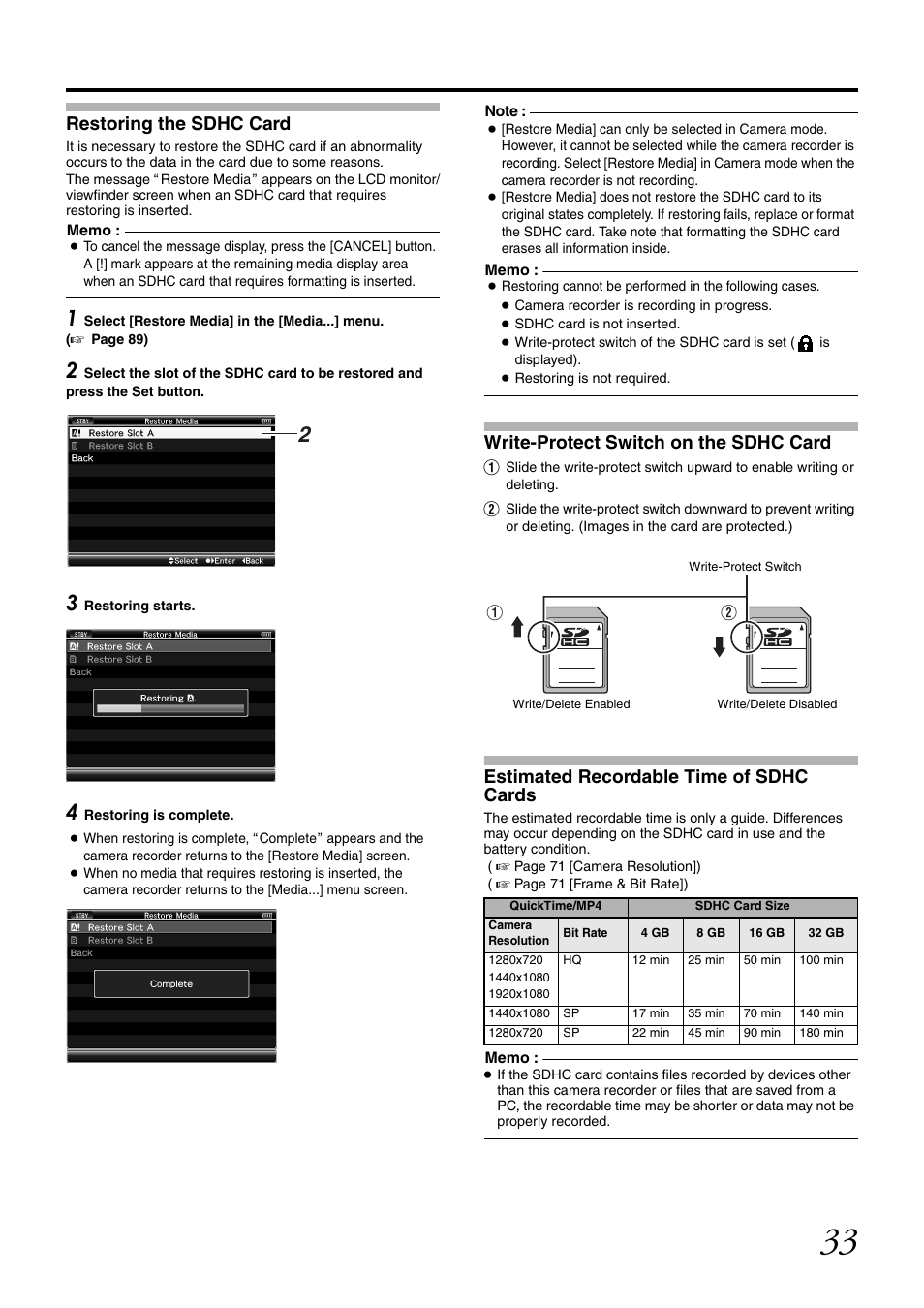 Restoring the sdhc card, Estimated recordable time of sdhc cards, Write-protect switch on the sdhc card | JVC GY-HM700U User Manual | Page 37 / 128