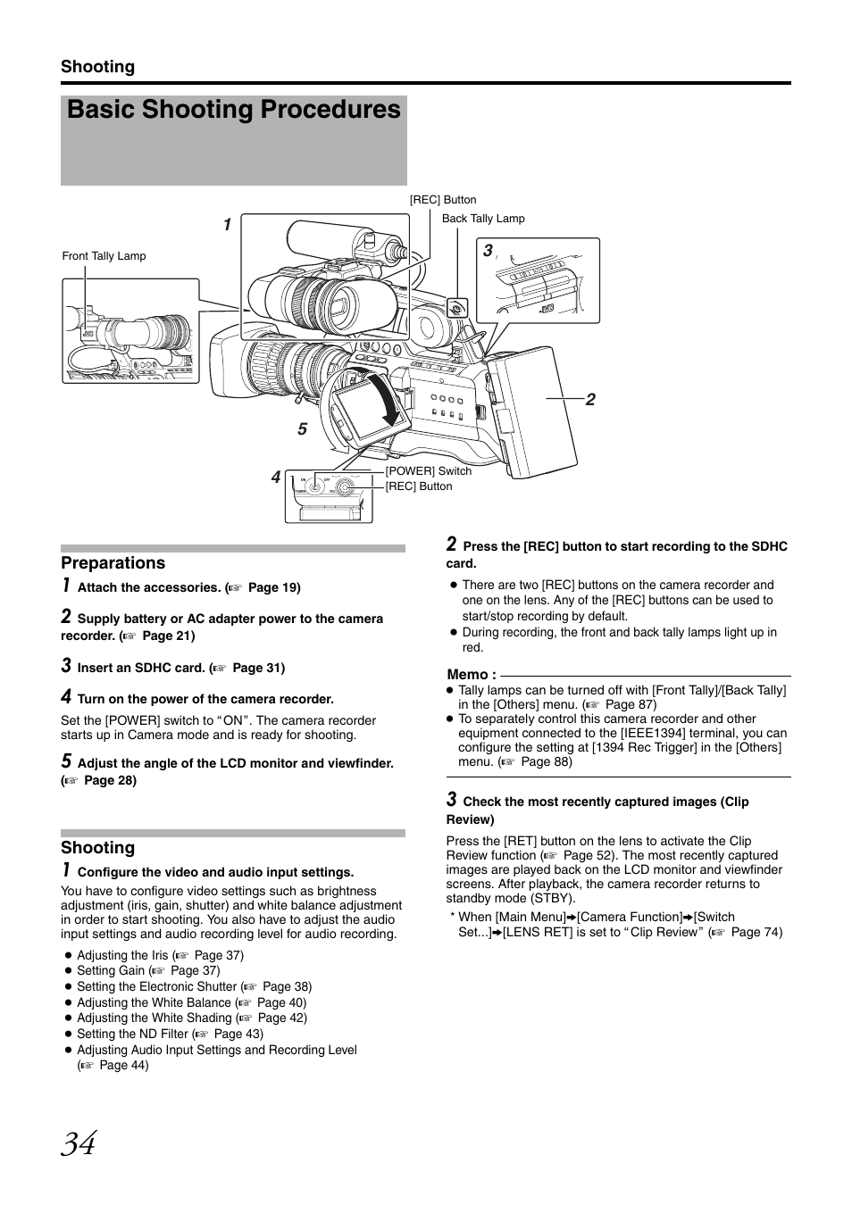 Shooting, Basic shooting procedures | JVC GY-HM700U User Manual | Page 38 / 128