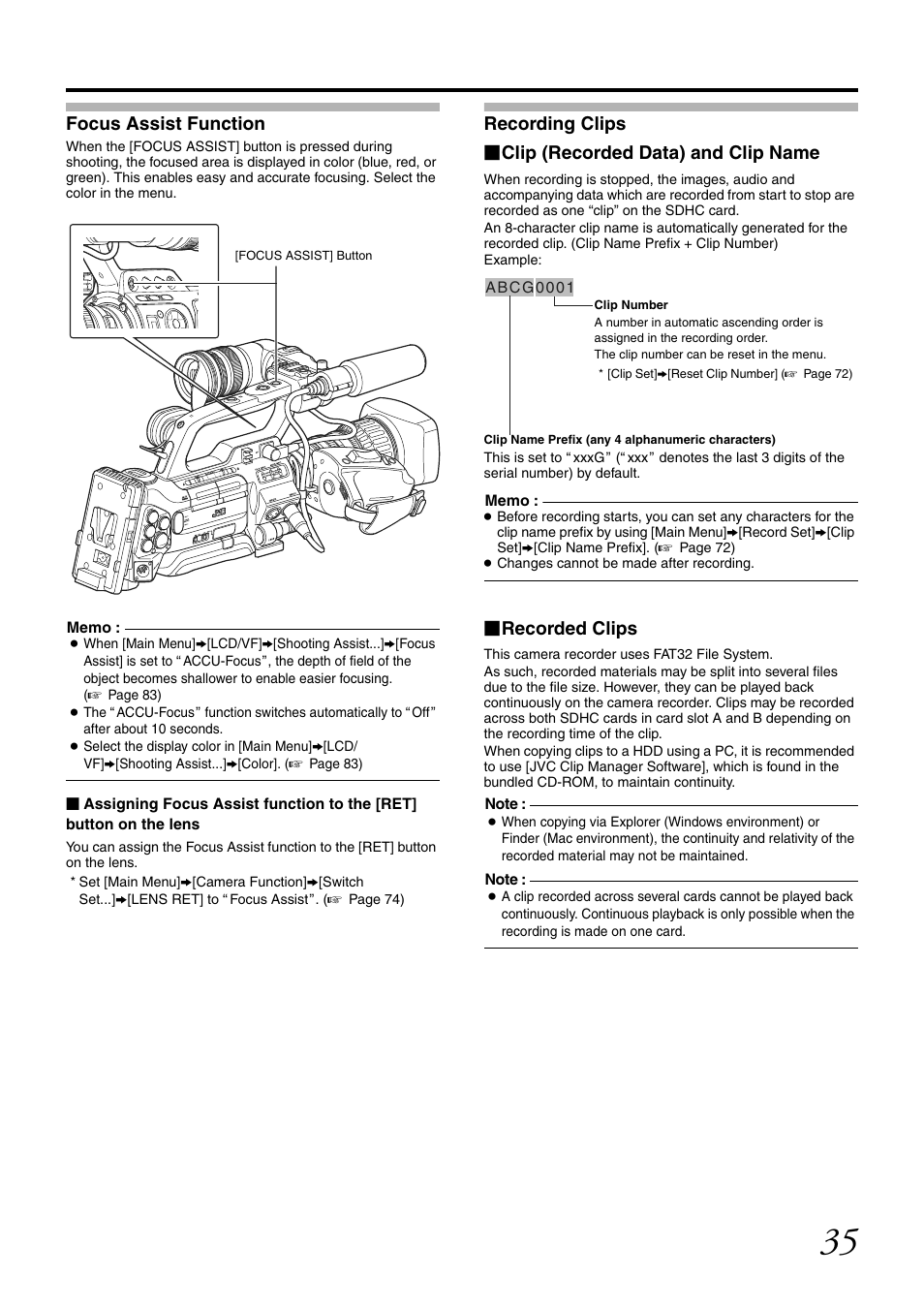 Focus assist function, Recording clips, Cusing | Recorded clips | JVC GY-HM700U User Manual | Page 39 / 128