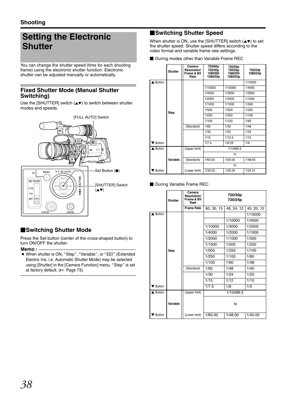 Setting the electronic shutter, Shooting, Fixed shutter mode (manual shutter switching) | Switching shutter mode, Switching shutter speed | JVC GY-HM700U User Manual | Page 42 / 128