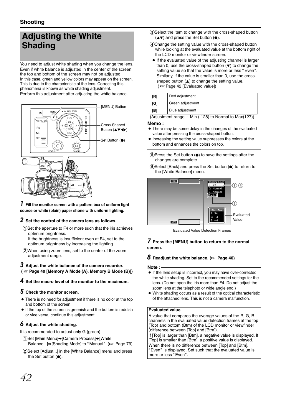 Adjusting the white shading, Shooting | JVC GY-HM700U User Manual | Page 46 / 128