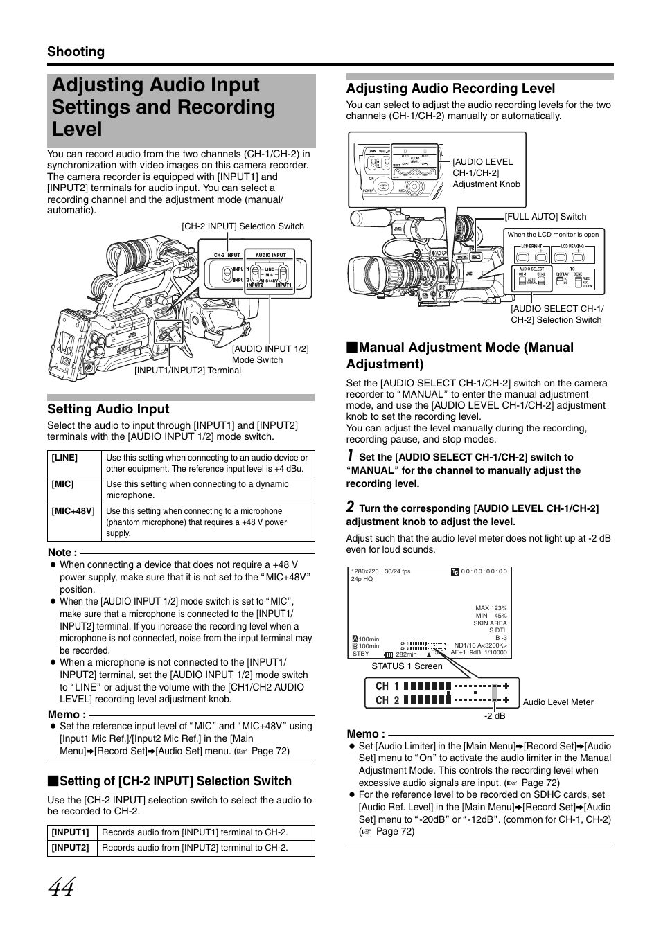 Adjusting audio input settings and recording level, Setting audio input, Adjusting audio recording level | Shooting, Setting of [ch-2 input] selection switch, Manual adjustment mode (manual adjustment) | JVC GY-HM700U User Manual | Page 48 / 128