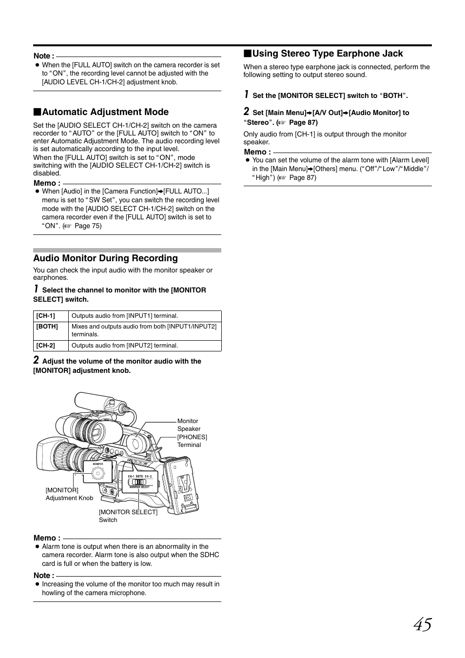 Audio monitor during recording, Automatic adjustment mode, Using stereo type earphone jack | JVC GY-HM700U User Manual | Page 49 / 128