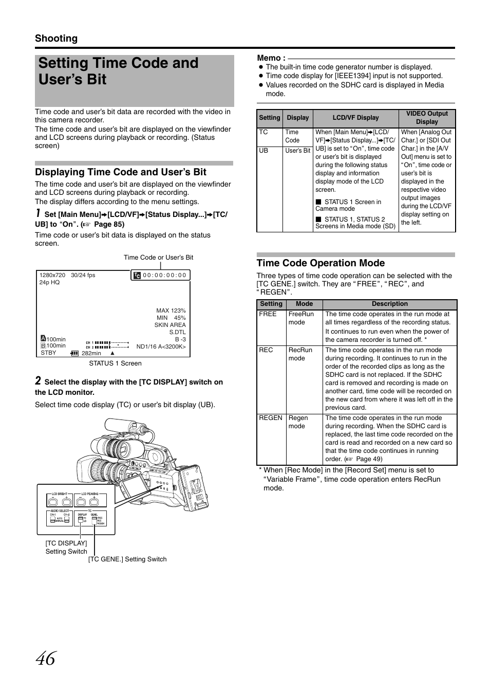 Setting time code and user’s bit, Displaying time code and user’s bit, Time code operation mode | Shooting | JVC GY-HM700U User Manual | Page 50 / 128