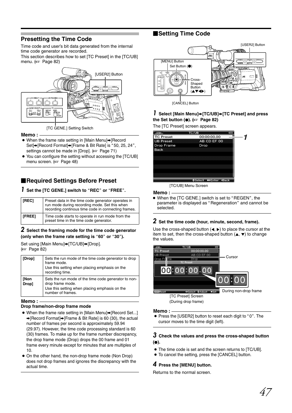 Presetting the time code, Required settings before preset, Setting time code | JVC GY-HM700U User Manual | Page 51 / 128