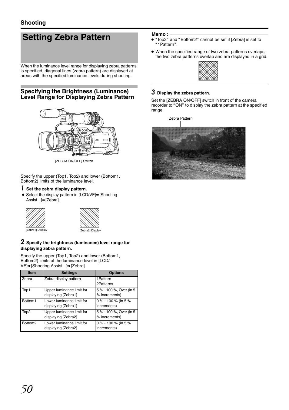 Setting zebra pattern, Shooting | JVC GY-HM700U User Manual | Page 54 / 128