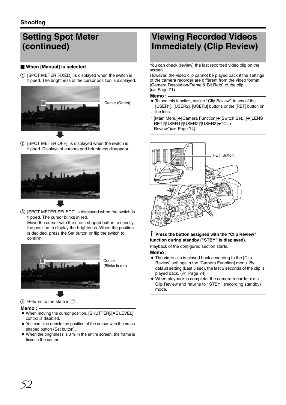 Viewing recorded videos immediately (clip review), Review)]), Setting spot meter (continued) | Shooting | JVC GY-HM700U User Manual | Page 56 / 128