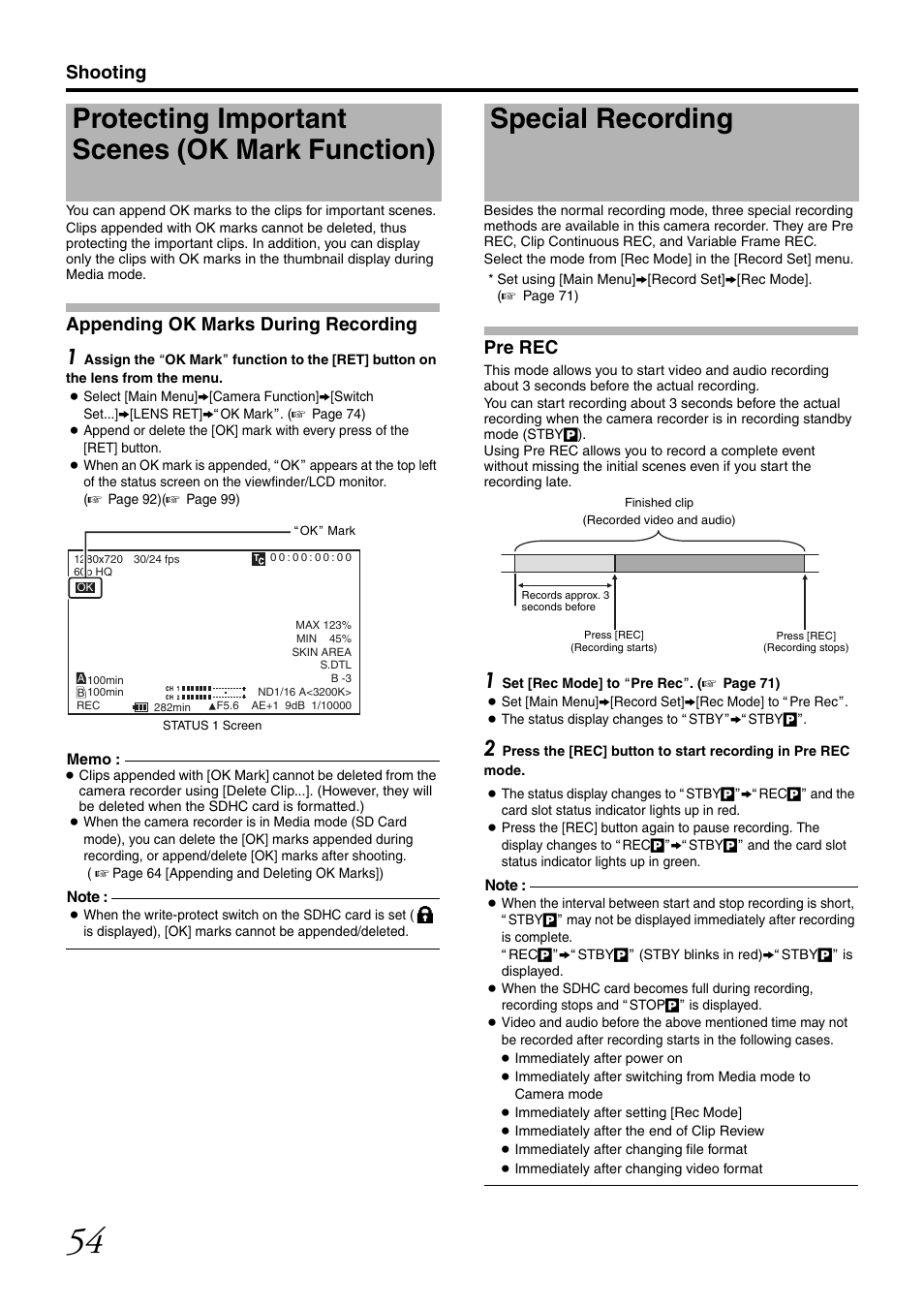 Protecting important scenes (ok mark function), Special recording, Pre rec | Shooting, Appending ok marks during recording | JVC GY-HM700U User Manual | Page 58 / 128