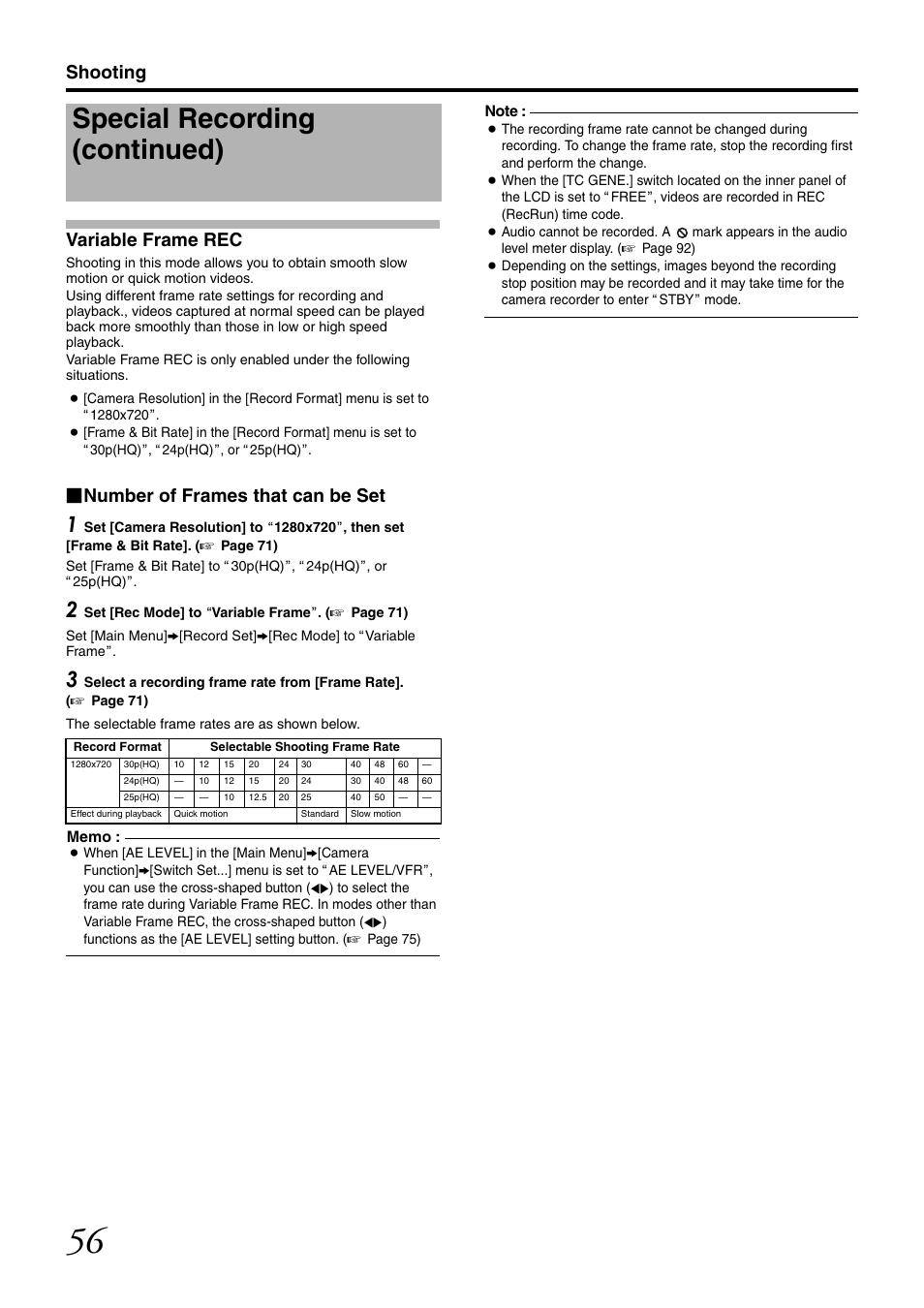 Variable frame rec, Special recording (continued), Shooting variable frame rec | Number of frames that can be set | JVC GY-HM700U User Manual | Page 60 / 128