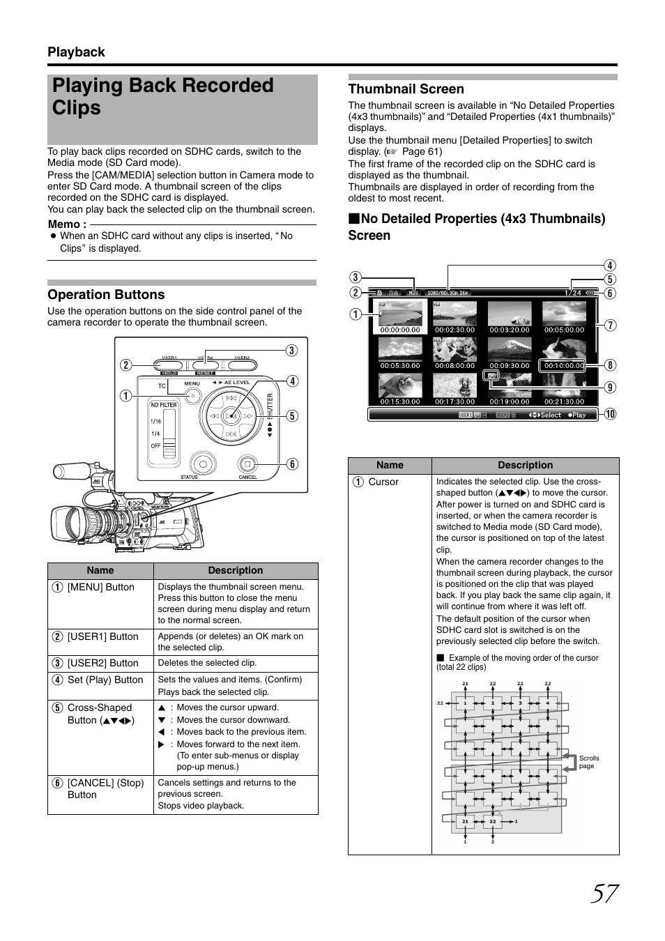 Playback, Playing back recorded clips, Thumbnail screen | Operation buttons, No detailed properties (4x3 thumbnails) screen | JVC GY-HM700U User Manual | Page 61 / 128