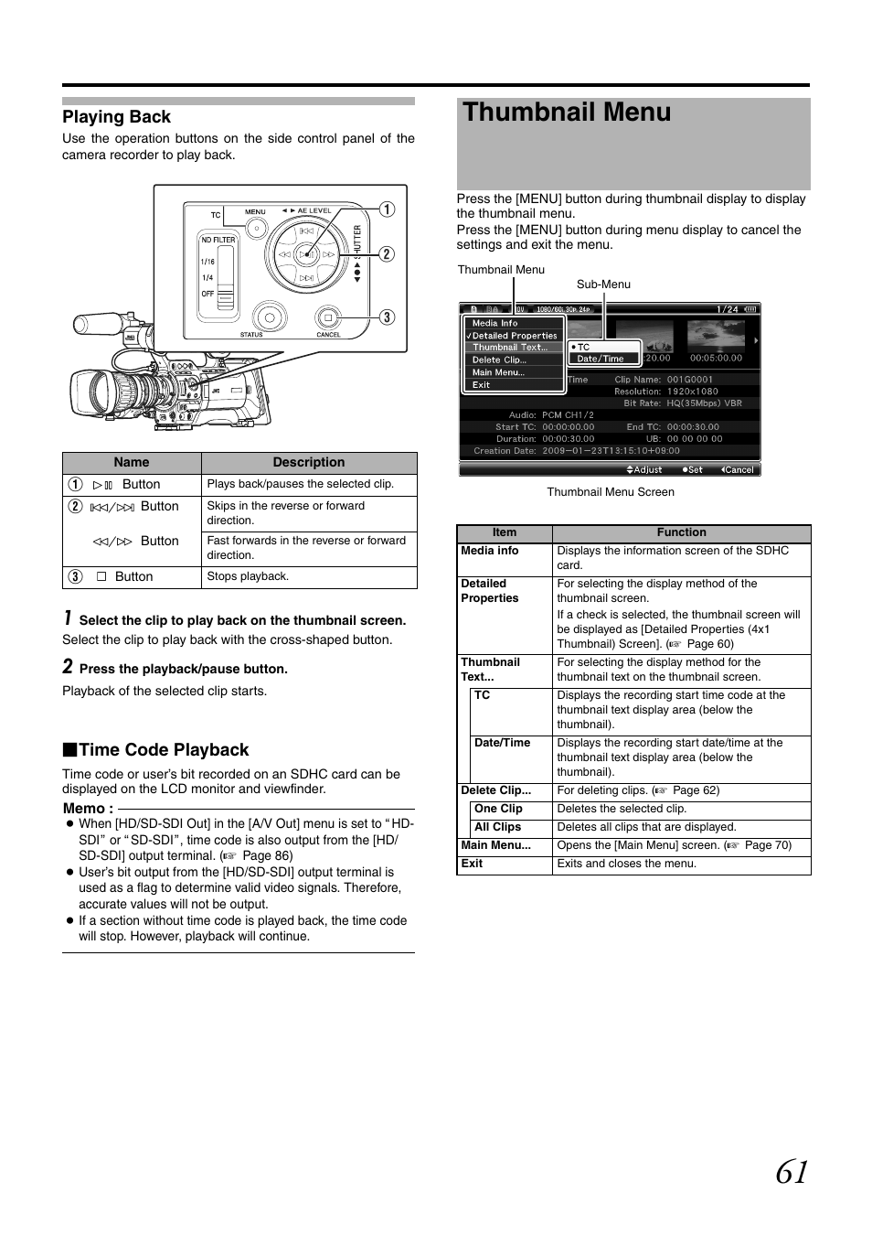 Playing back, Thumbnail menu, Time code playback | JVC GY-HM700U User Manual | Page 65 / 128