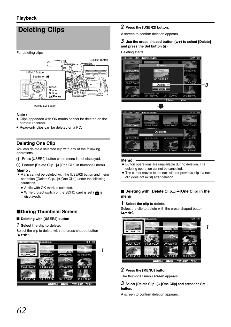 Deleting clips, Playback, Deleting one clip | During thumbnail screen | JVC GY-HM700U User Manual | Page 66 / 128