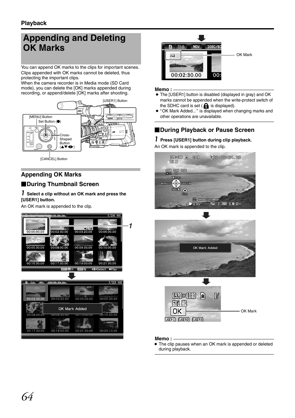 Appending and deleting ok marks, Playback, Appending ok marks Ⅵ during thumbnail screen | During playback or pause screen | JVC GY-HM700U User Manual | Page 68 / 128