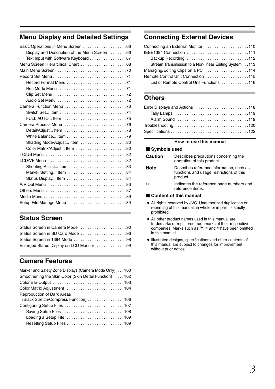 Menu display and detailed settings, Status screen, Camera features | Connecting external devices, Others | JVC GY-HM700U User Manual | Page 7 / 128