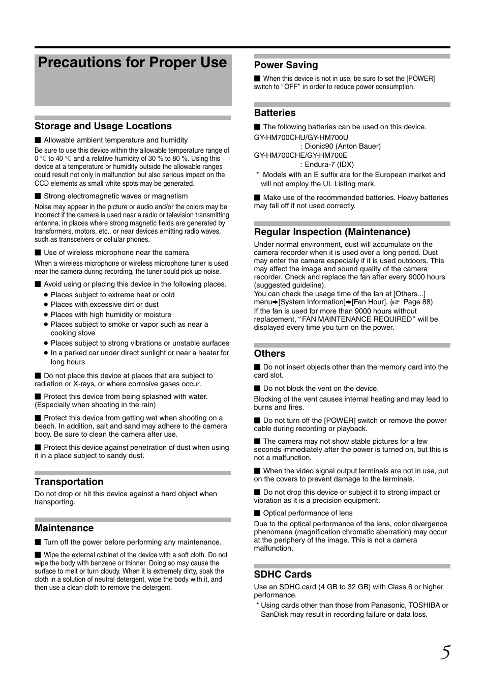 Precautions for proper use | JVC GY-HM700U User Manual | Page 9 / 128