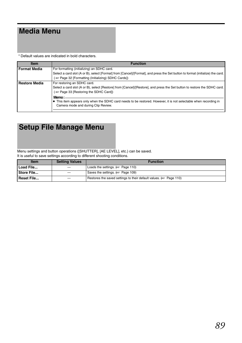 Media menu, Setup file manage menu, Card | JVC GY-HM700U User Manual | Page 93 / 128