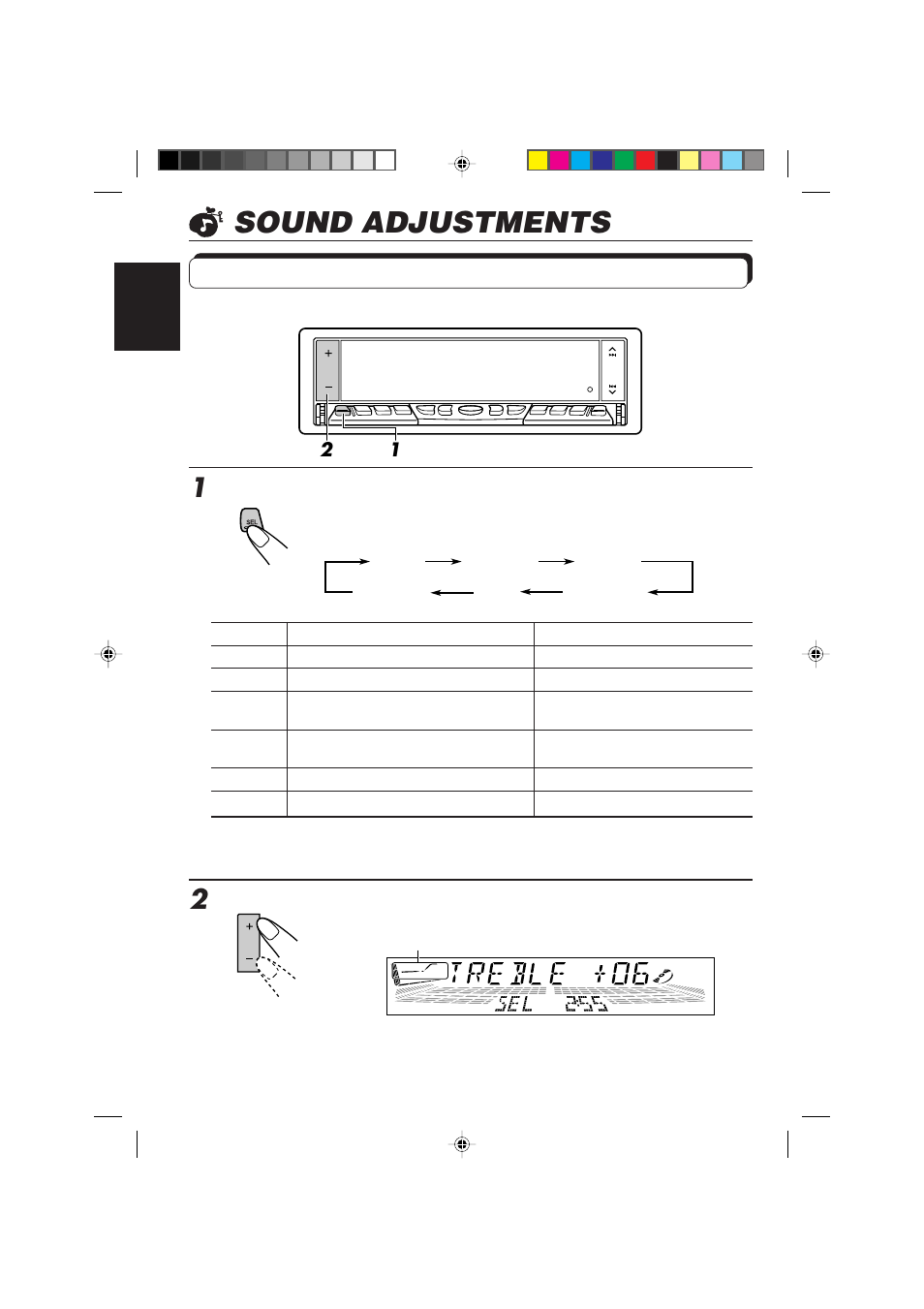 Sound adjustments, Adjusting the sound, Select the item you want to adjust | Adjust the level | JVC KD-LX10R User Manual | Page 24 / 56