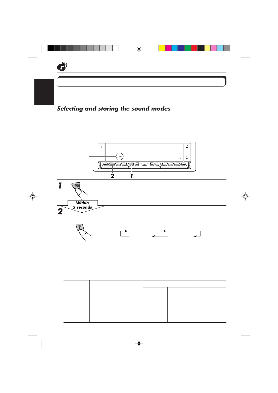 Selecting and storing the sound modes, Light “mode” on the lower part of the display, Select the sound mode you want | JVC KD-LX10R User Manual | Page 26 / 56