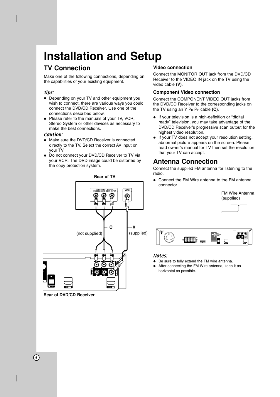 Installation and setup, Tv connection, Antenna connection | JVC TH-G51 User Manual | Page 10 / 33