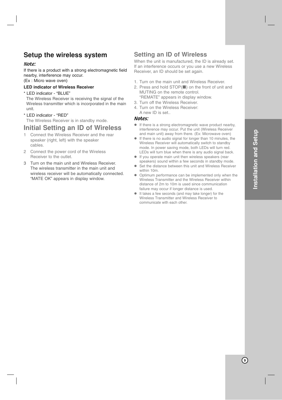 Setup the wireless system, Initial setting an id of wireless, Setting an id of wireless | Installation and setup | JVC TH-G51 User Manual | Page 13 / 33