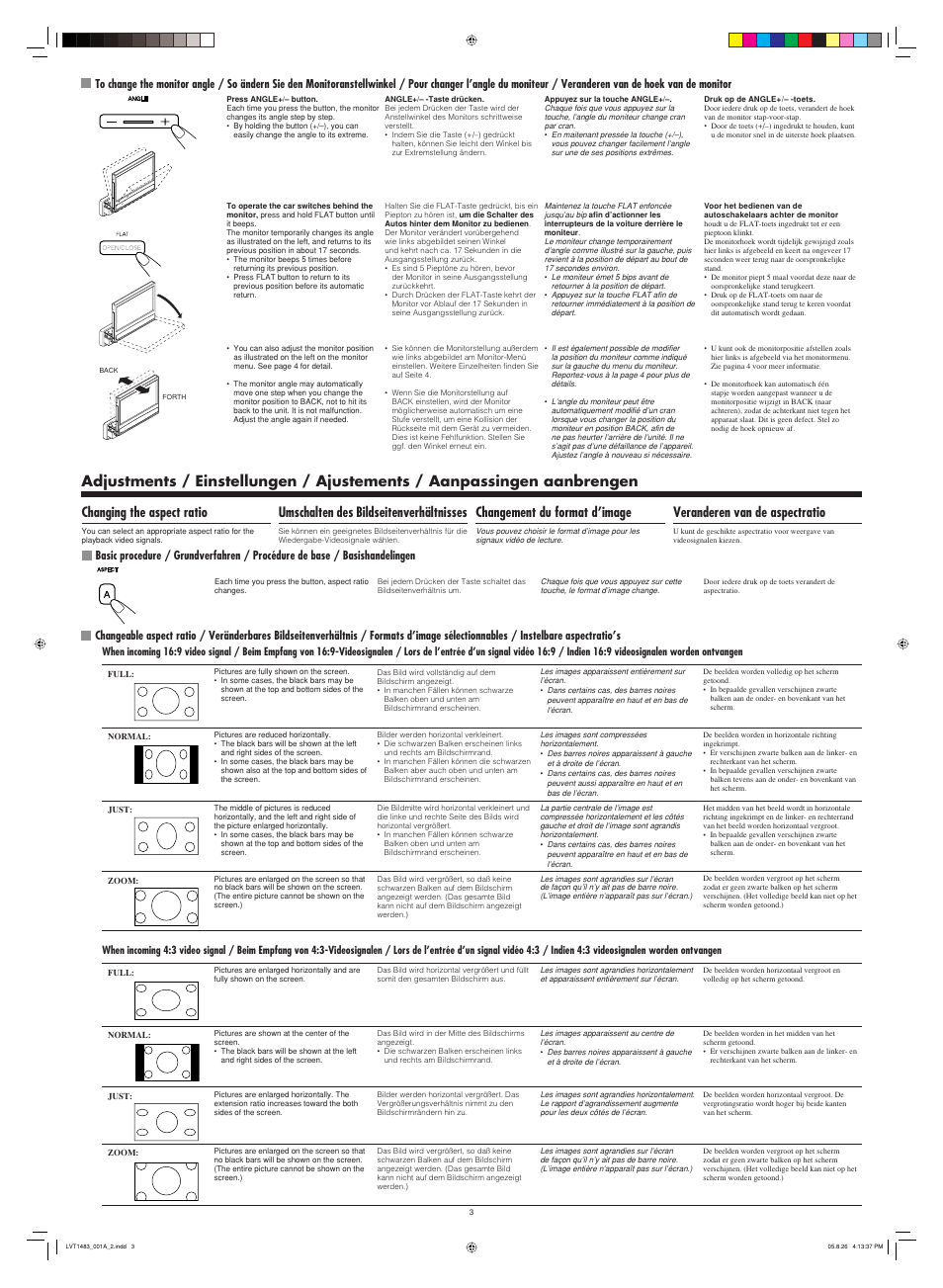 Changing the aspect ratio, Umschalten des bildseitenverhältnisses, Changement du format d’image | Veranderen van de aspectratio | JVC KV-M705 User Manual | Page 3 / 6