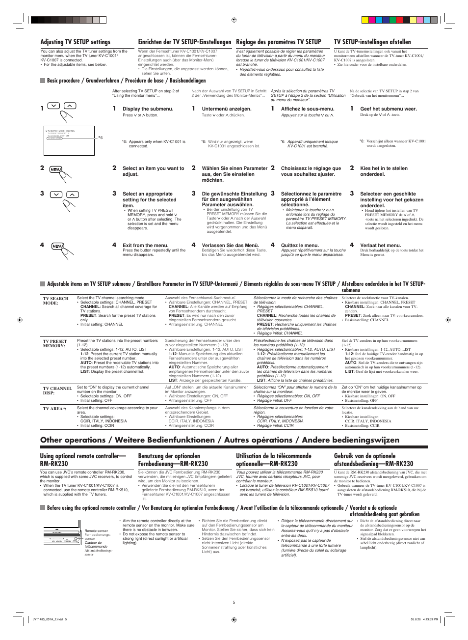 Using optional remote controller— rm-rk230, Adjusting tv setup settings, Einrichten der tv setup-einstellungen | Réglage des paramètres tv setup, Tv setup-instellingen afstellen, Benutzung der optionalen fernbedienung—rm-rk230 | JVC KV-M705 User Manual | Page 5 / 6