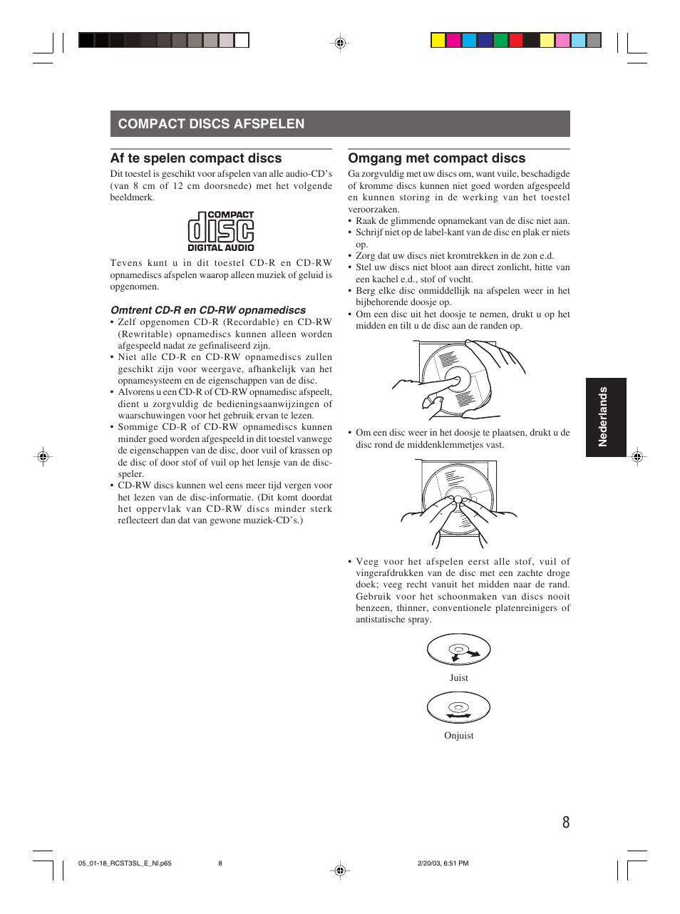 Compact discs afspelen af te spelen compact discs, Omgang met compact discs | JVC rc-st3sl User Manual | Page 12 / 23