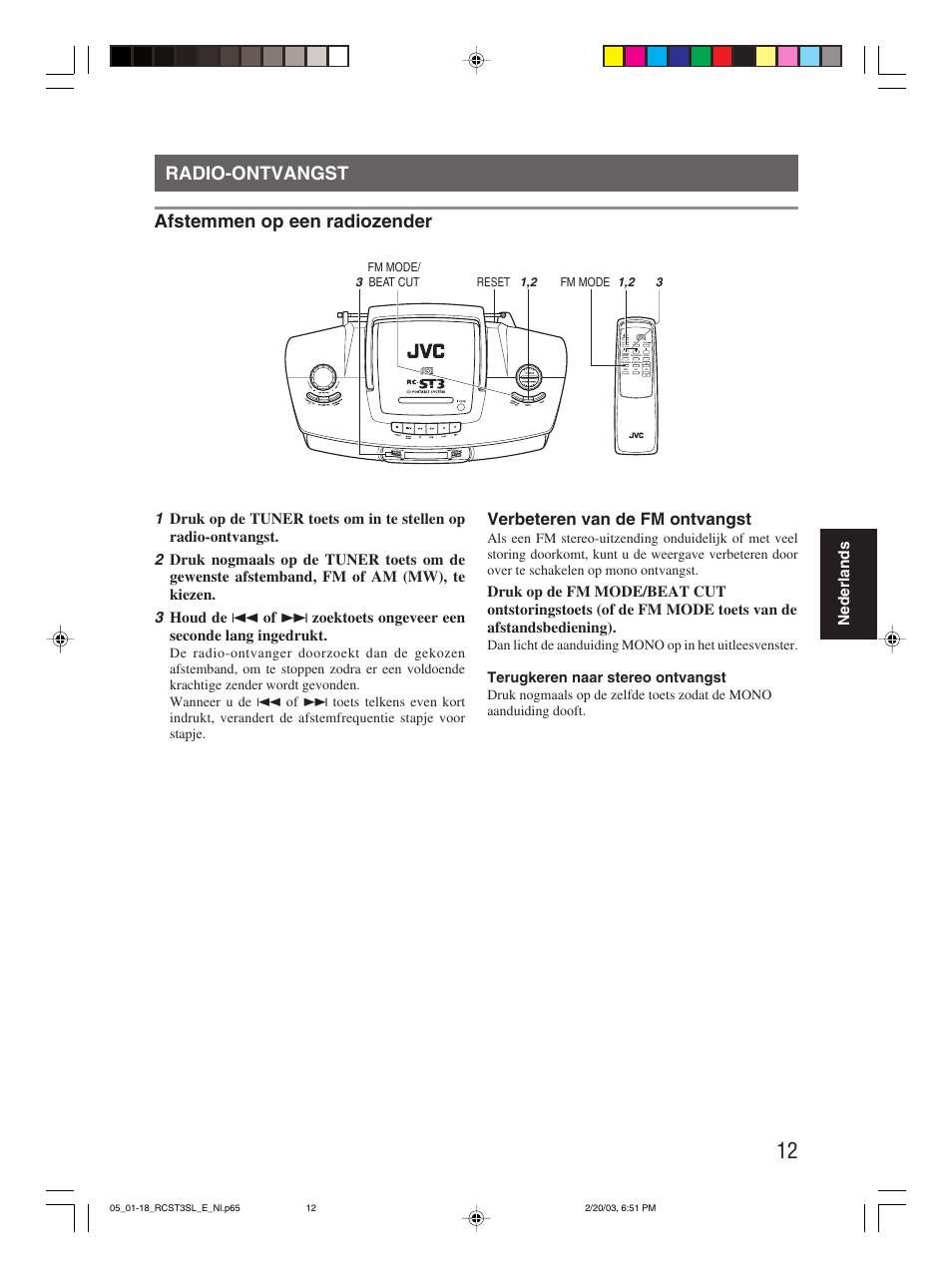 Radio-ontvangst afstemmen op een radiozender, Verbeteren van de fm ontvangst, Nederlands | JVC rc-st3sl User Manual | Page 16 / 23