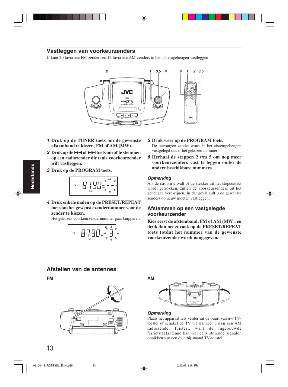 Vastleggen van voorkeurzenders, Afstellen van de antennes, Afstemmen op een vastgelegde voorkeurzender | JVC rc-st3sl User Manual | Page 17 / 23