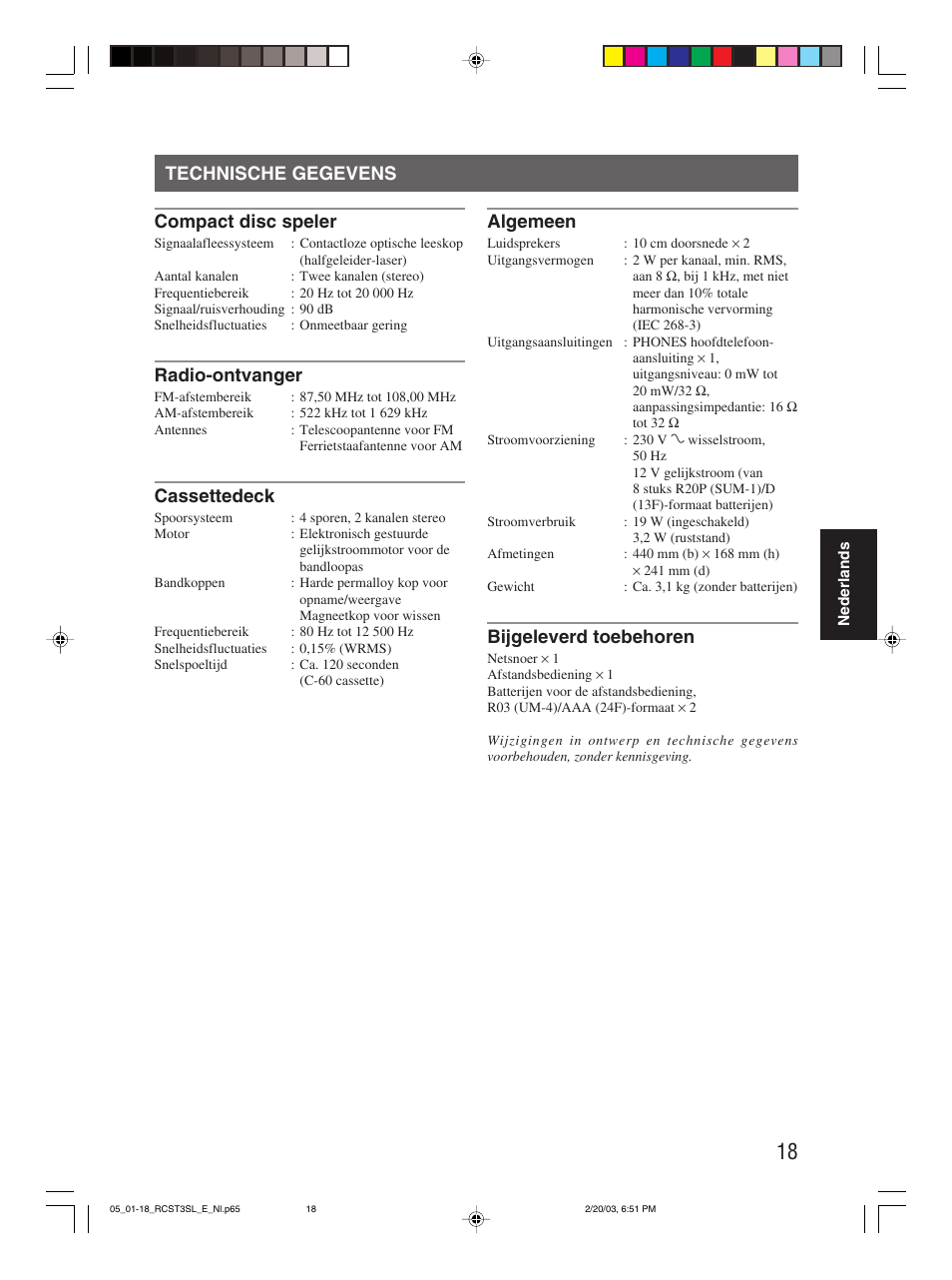 Technische gegevens compact disc speler, Radio-ontvanger, Cassettedeck | Algemeen, Bijgeleverd toebehoren | JVC rc-st3sl User Manual | Page 22 / 23