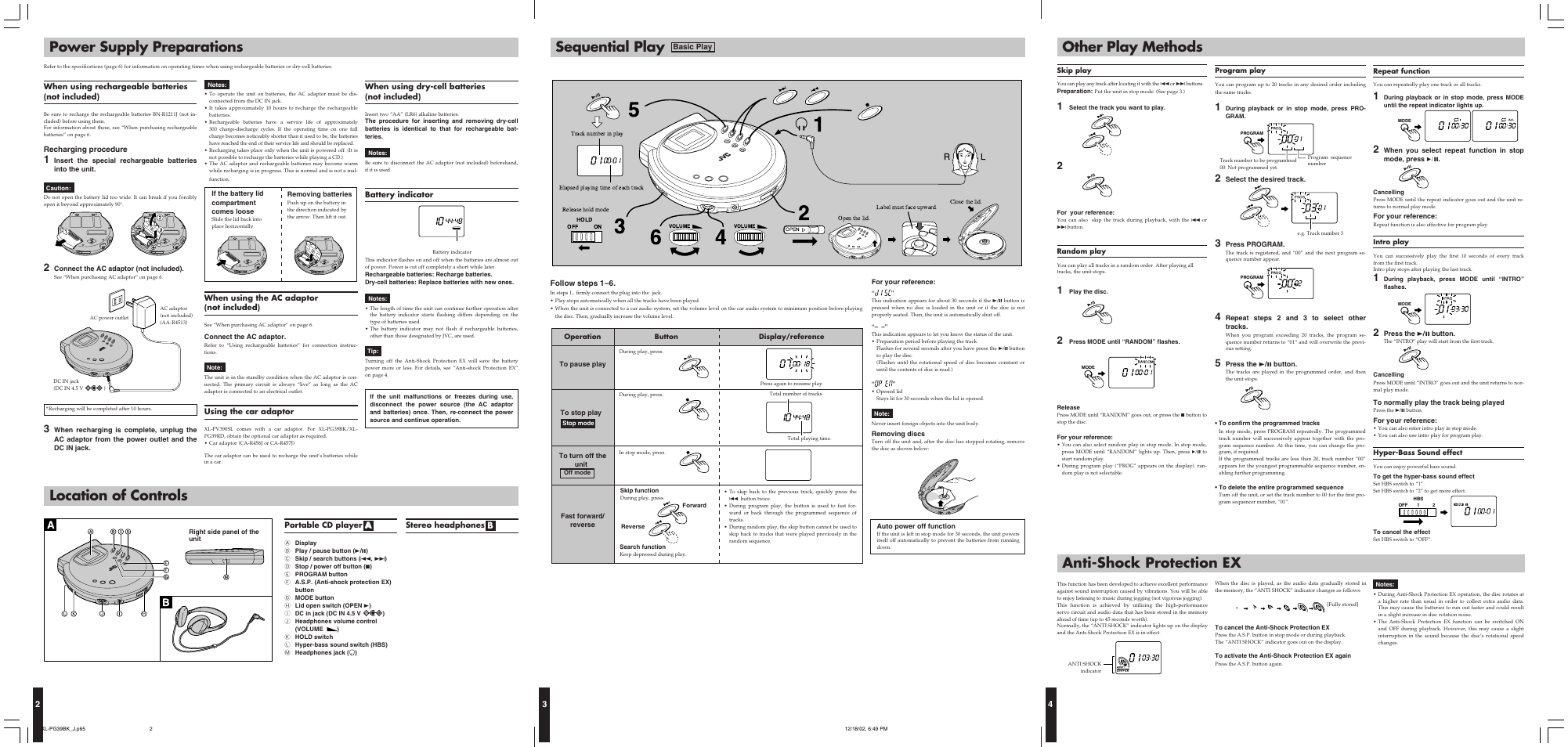 Power supply preparations, Sequential play, Anti-shock protection ex other play methods | Location of controls | JVC XL-PG39BK User Manual | Page 2 / 2