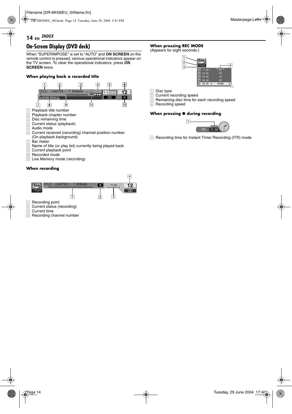 On-screen display (dvd deck), Pg. 14, 30, Index | JVC LPT0923-001B User Manual | Page 14 / 88