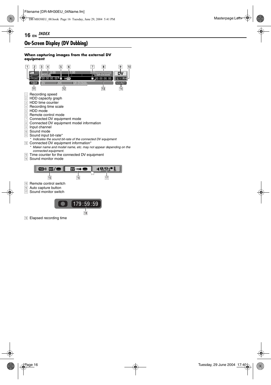 On-screen display (dv dubbing), Index | JVC LPT0923-001B User Manual | Page 16 / 88