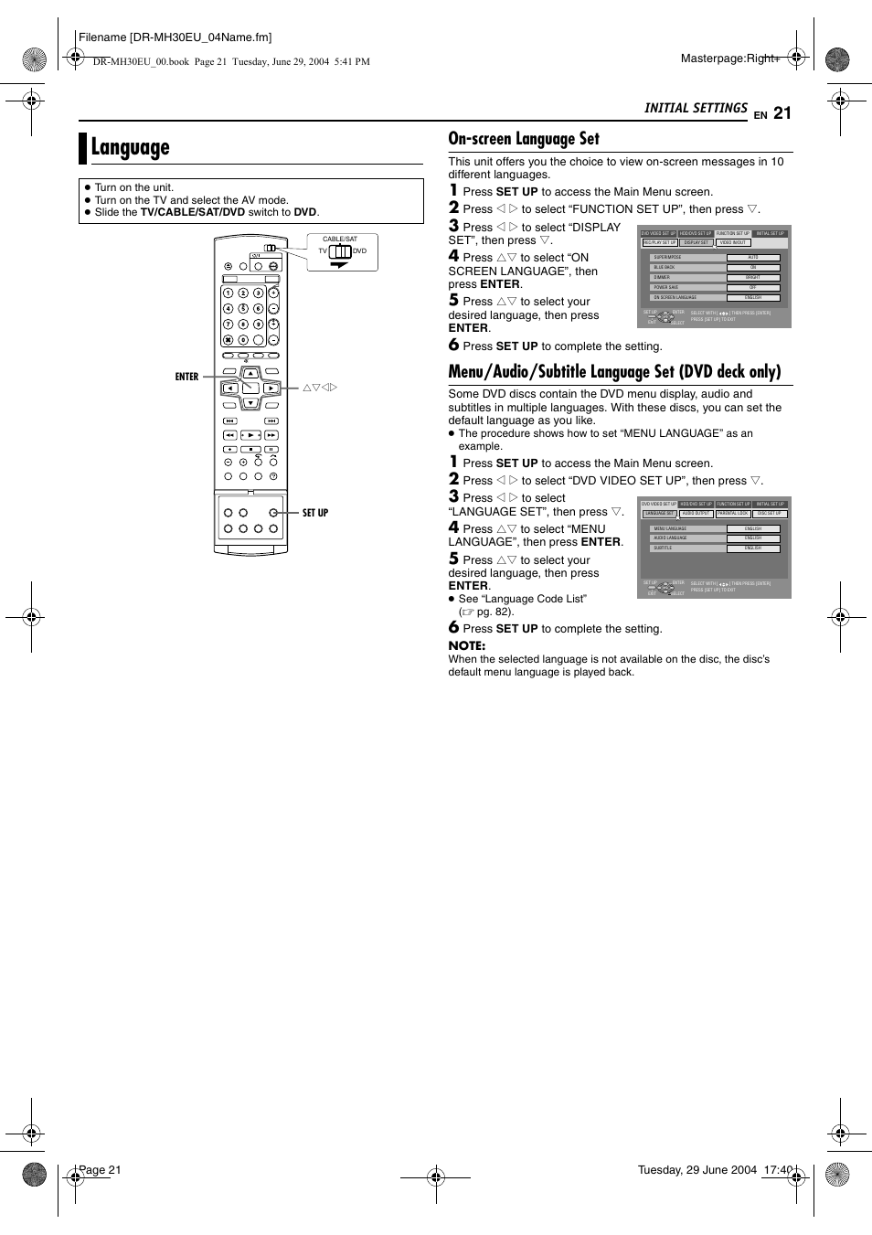 Language, On-screen language set, Menu/audio/subtitle language set (dvd deck only) | Pg. 21, On- screen language set” on, Initial settings | JVC LPT0923-001B User Manual | Page 21 / 88