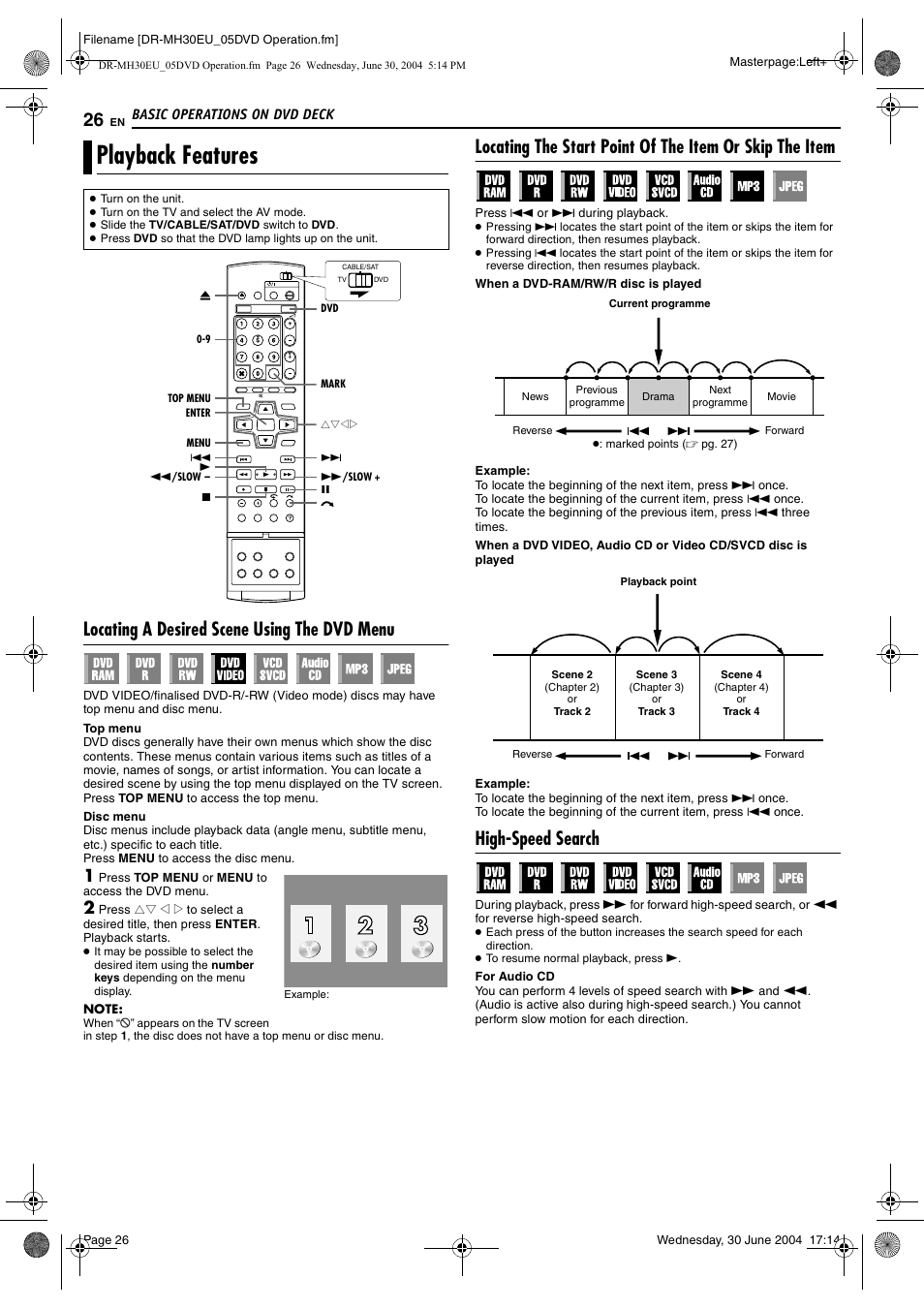 Playback features, Locating a desired scene using the dvd menu, High-speed search | Pg. 26, Pg. 26, 42, Locating a desired scene, Using the dvd menu, Pg. 26) | JVC LPT0923-001B User Manual | Page 26 / 88