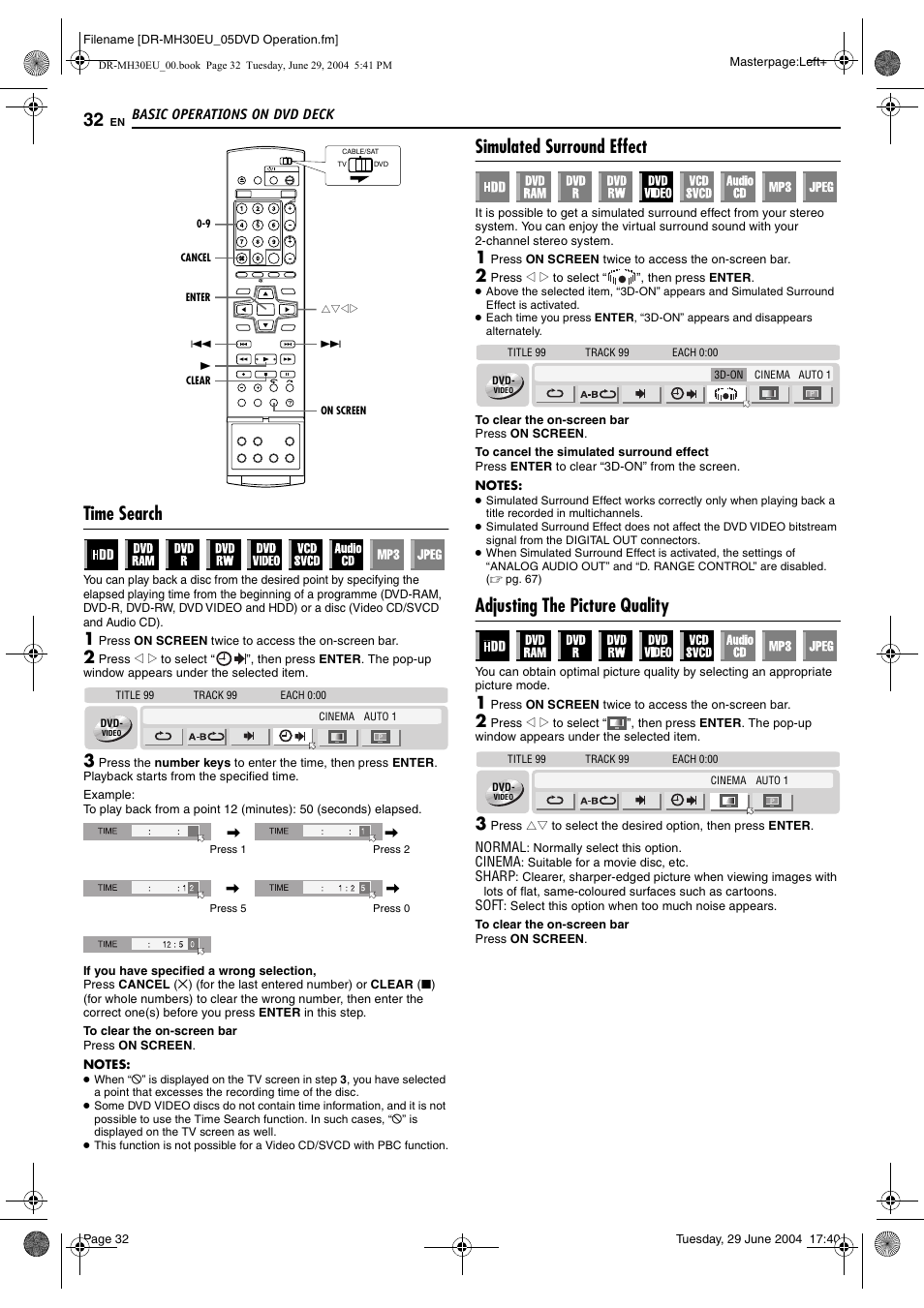 Time search, Simulated surround effect, Adjusting the picture quality | Pg. 32, Pg. 32) | JVC LPT0923-001B User Manual | Page 32 / 88