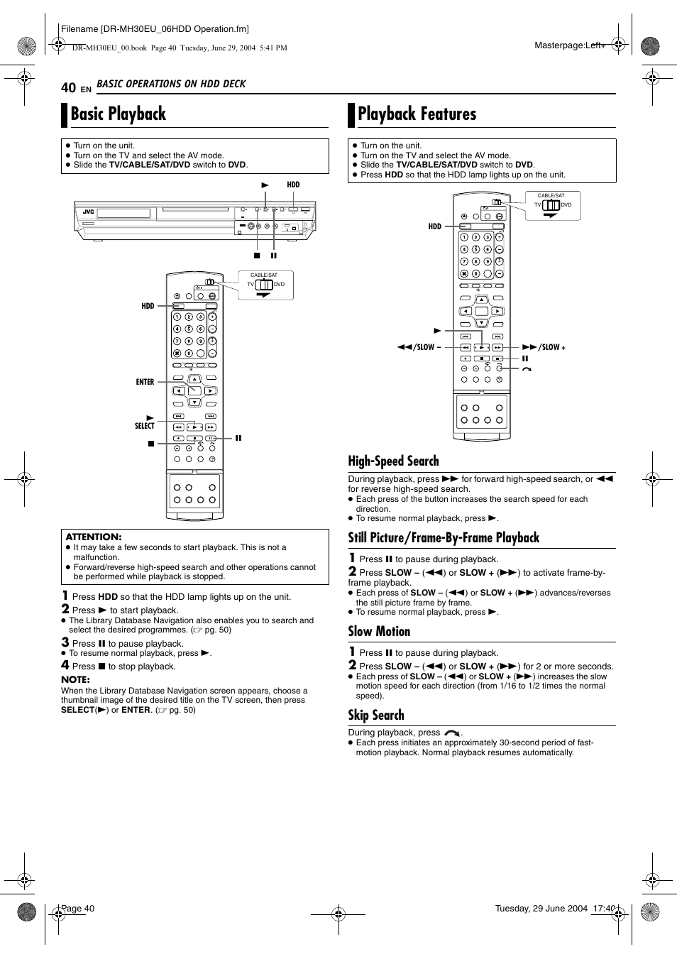 Basic playback, Playback features, High-speed search | Still picture/frame-by-frame playback, Slow motion, Skip search, Basic playback playback features | JVC LPT0923-001B User Manual | Page 40 / 88
