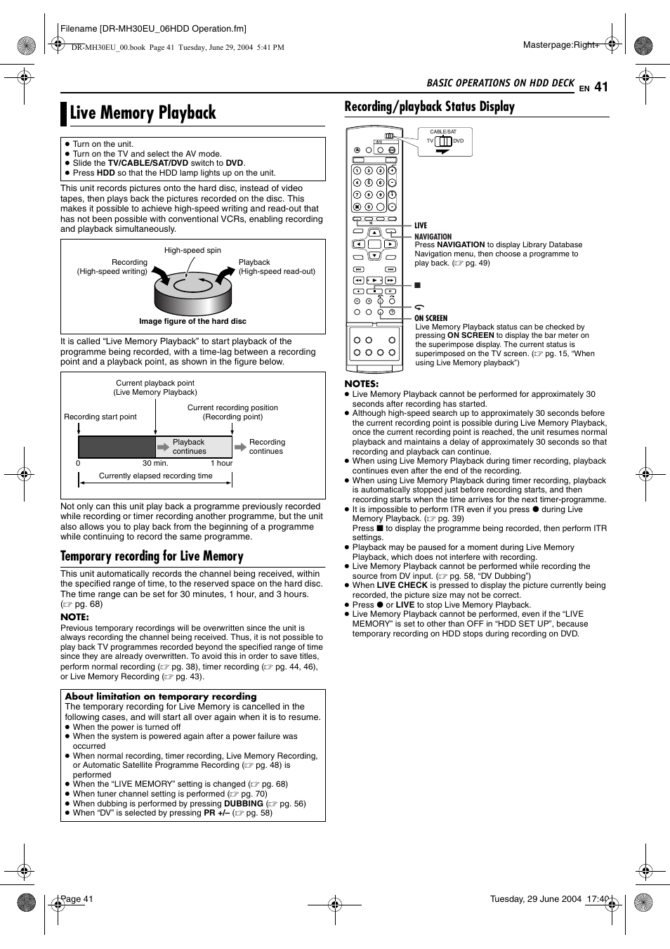 Live memory playback, Temporary recording for live memory, Recording/playback status display | JVC LPT0923-001B User Manual | Page 41 / 88