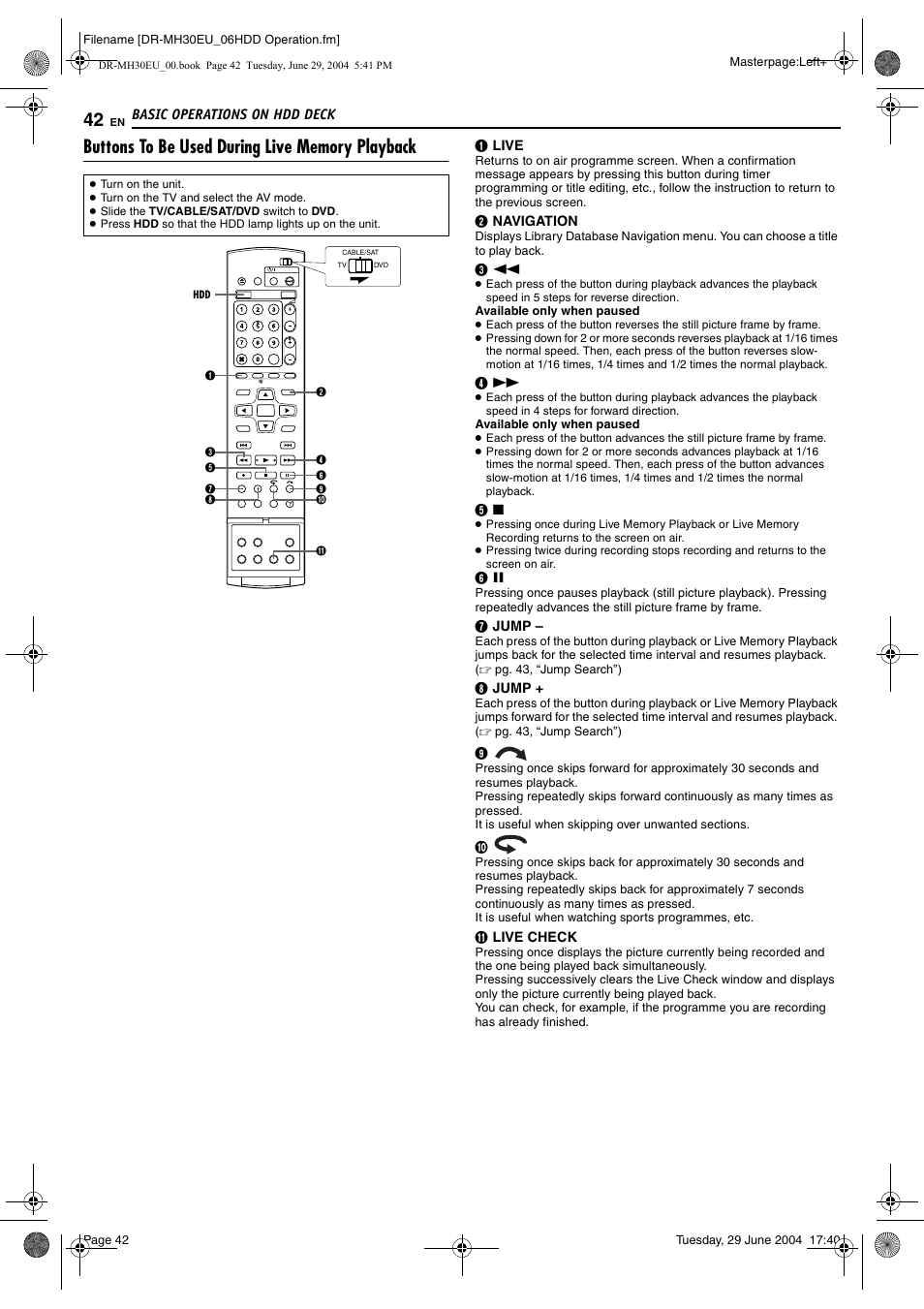 Buttons to be used during live memory playback, Pg. 42, Ve check) | JVC LPT0923-001B User Manual | Page 42 / 88